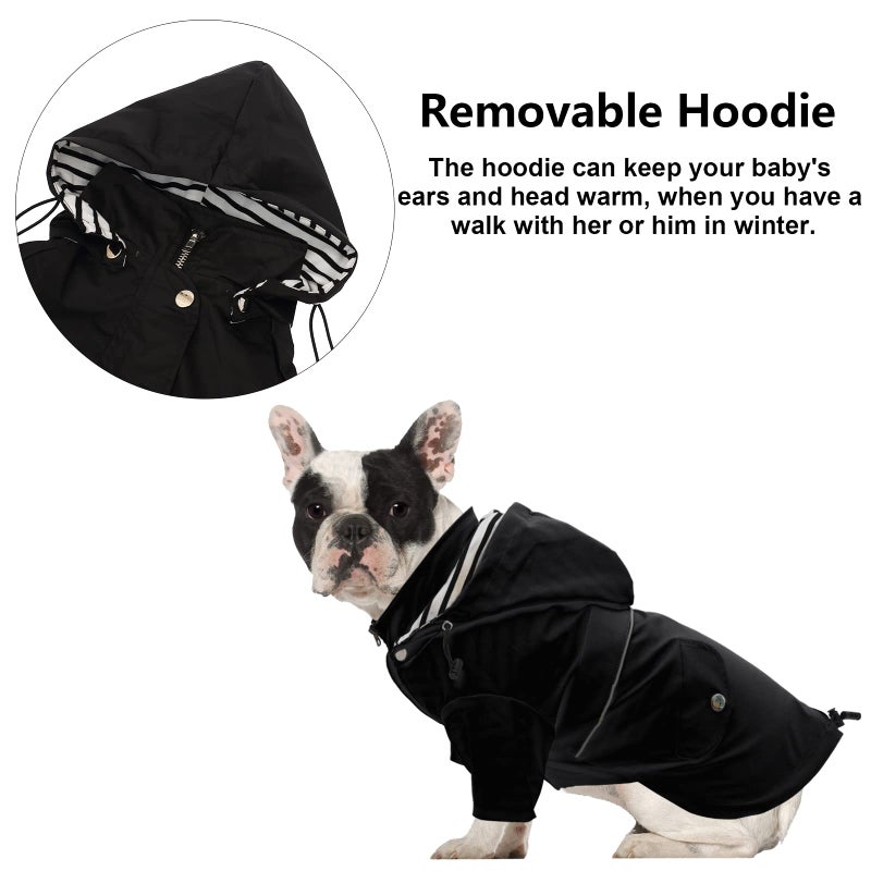 Morezi Dog Zip Up Raincoat with Reflective Buttons, Rain/Water Resistant, Adjustable Drawstring, Removable Hood, Raincoats with Legs 8lbs to 80lbs Available - Black - XS - Image 4